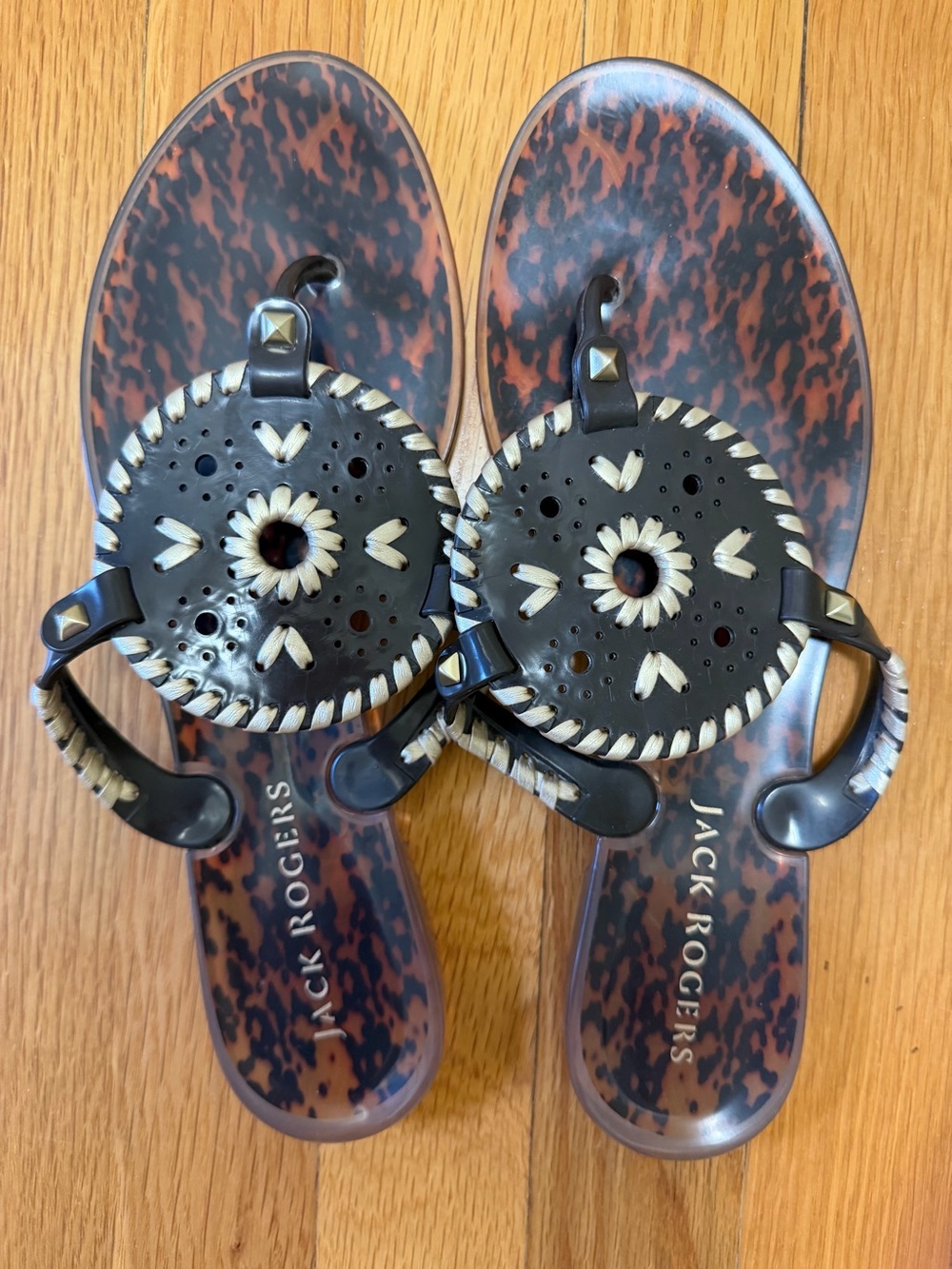 Jack Rogers Black and Brown Tortoise Medallion Jelly Sandals
